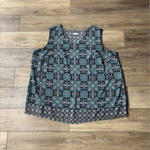 J Jill Tunic Top Sz 2X Sleeveless V-Neck Layered Teal Medallion Coastal Boho